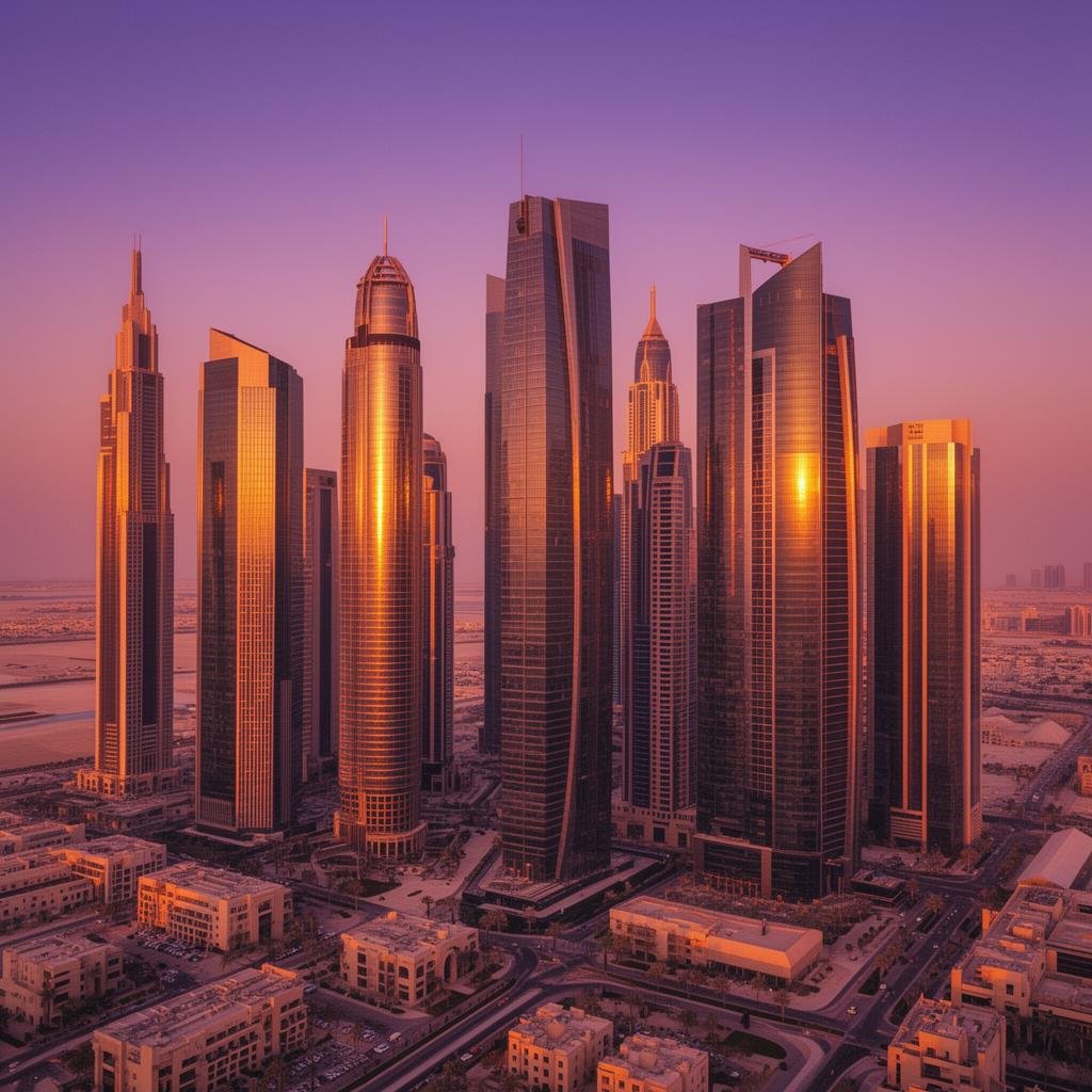 Dubai business district skyline at sunset