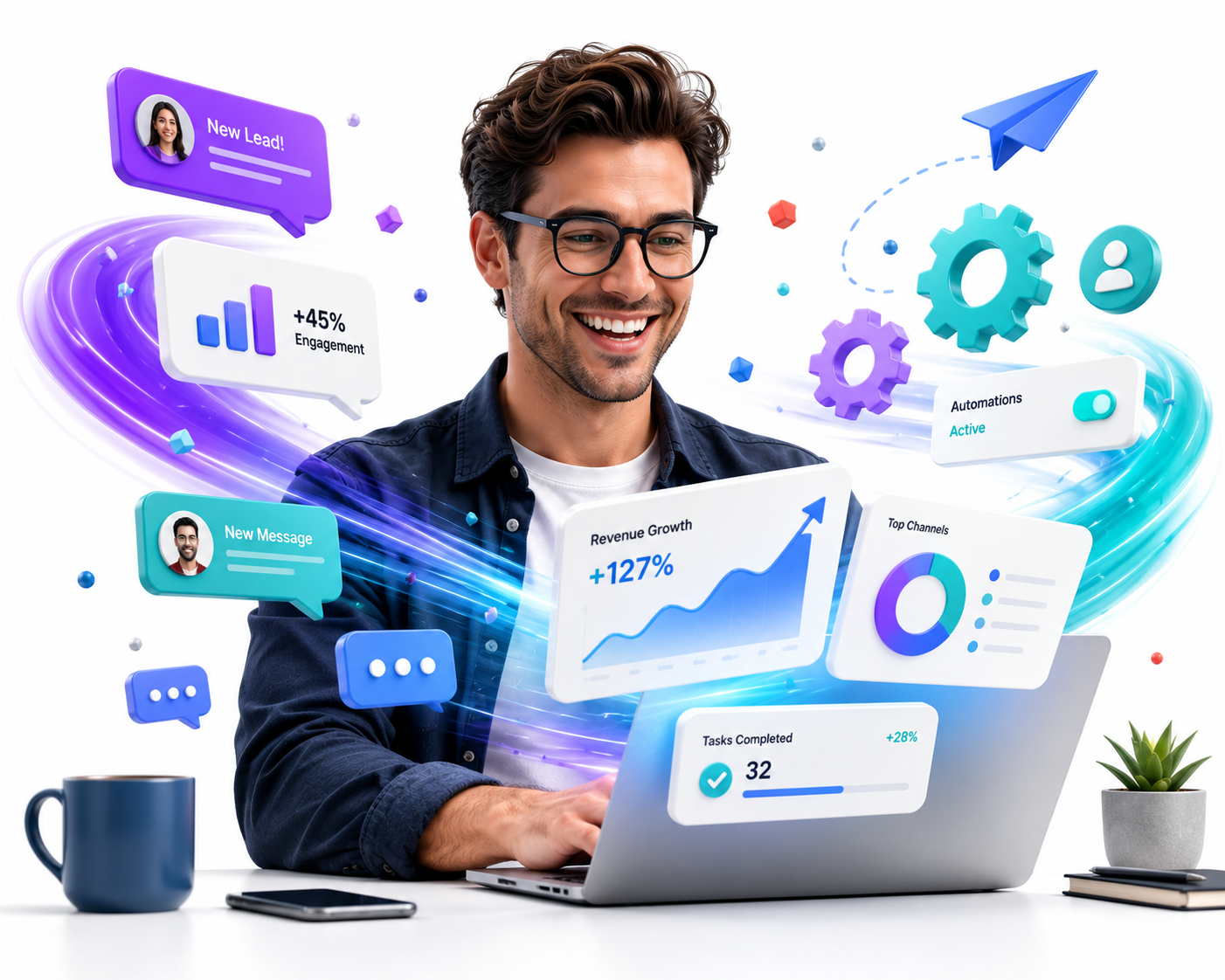 Business owner reviewing an AI automation dashboard that handles marketing, sales and support tasks automatically